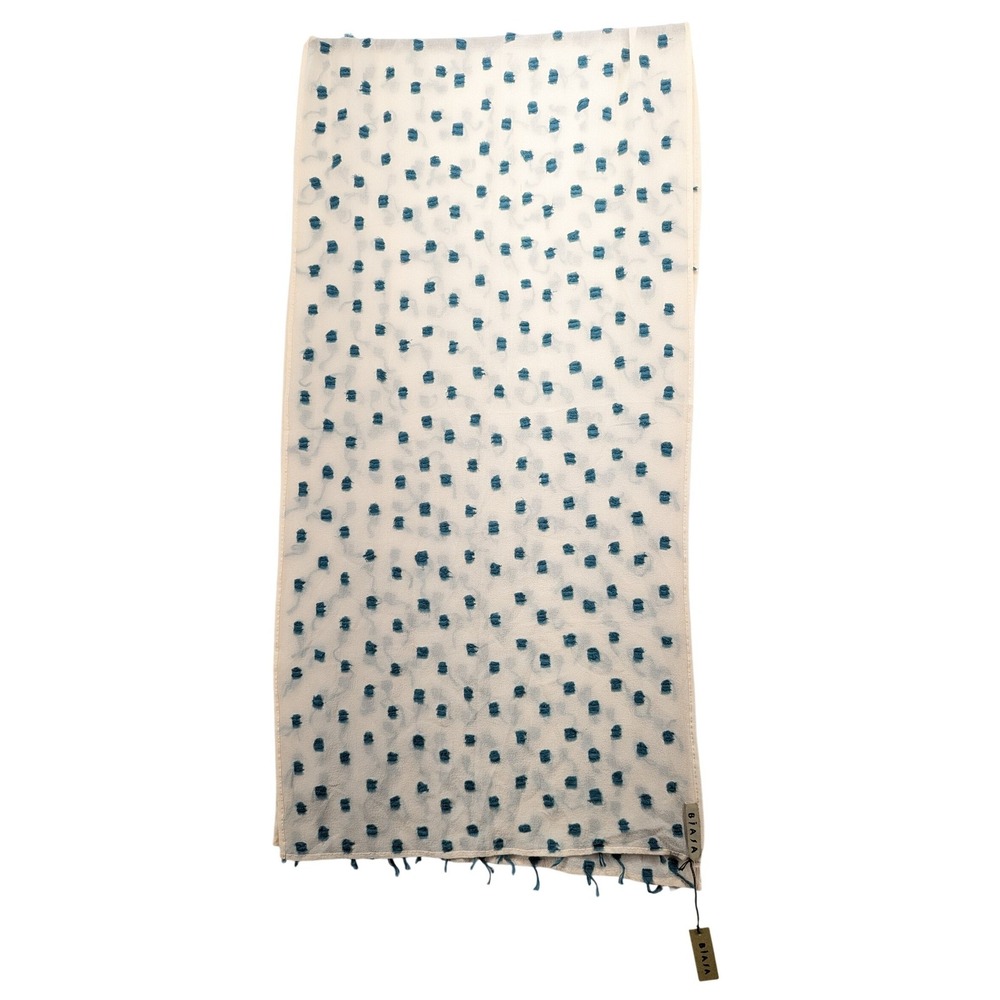 Biasa 100% Silk Scarf Cream Teal Blue Tufted Fringe Textured 17"x 70"